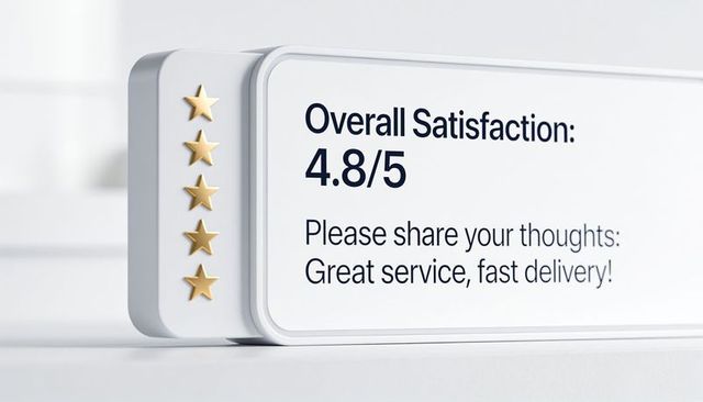 Displaying 4.8/5 overall satisfaction on white review card with five gold stars and clean ui