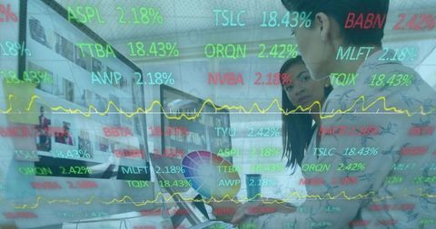 Two colleagues collaborating on data visualization and finance analytics at workstation