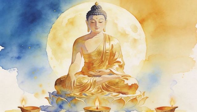 Golden buddha on lotus watercolor with halo and lamps, serene meditation artwork