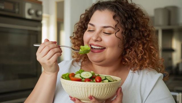 Smiling plus-size woman enjoying fresh salad in cozy home kitchen, healthy eating