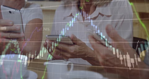 Multiple People Using Smartphones with Financial Graph Overlay