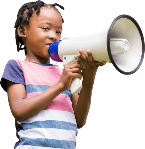 Child holding loudspeaker with playful smile on transparent background