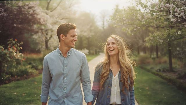 Couple walking hand in hand on sunlit garden path with blossoming trees, smiling