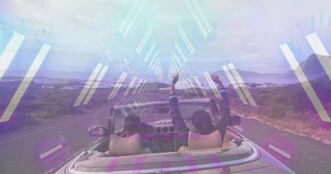 Convertible Coastal Road Trip Cruising Hands Up Neon Geometric Light Overlay Ocean Drive