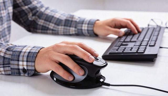 Hands using vertical ergonomic wired mouse with keyboard on white desk for office work