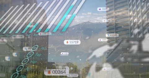 Futuristic Data Visualization Overlay on Urban Skyline