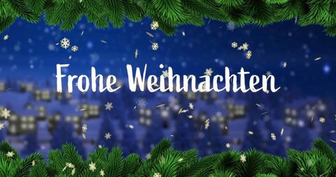 Frohe Weihnachten Greeting with Snowy Village and Pine Festivity