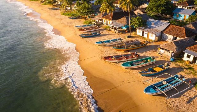 Tropical fishing boats lined on golden beach with palm trees and coastal village