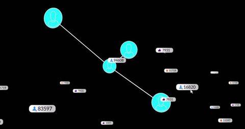 Linking teal avatar nodes diagonally across black field with numeric badges and cursor