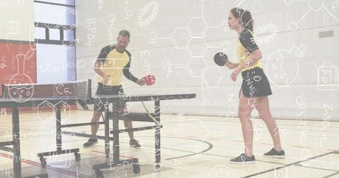 Team table tennis training with science overlay for teamwork, focus and motion