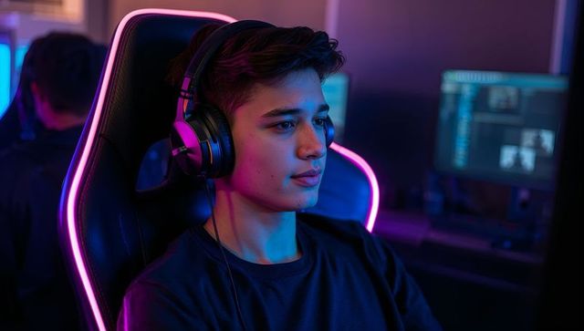 Teen Gamer Immersed in Esports Competition with Neon Ambiance