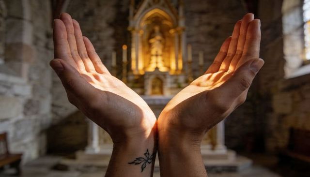 Cupped hands reaching toward golden altar in stone chapel with floral wrist tattoo