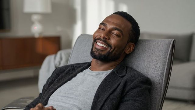 Smiling Man Relaxing in Sunlit Modern Living Room, Cozy and Comfortable Ambiance