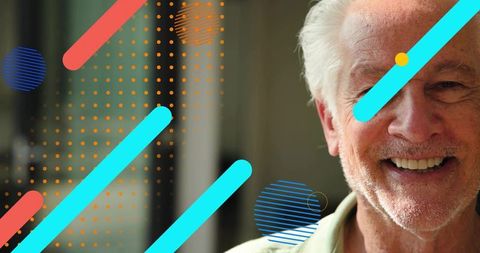 Smiling senior man with colorful geometric overlay for wellness and retirement campaigns