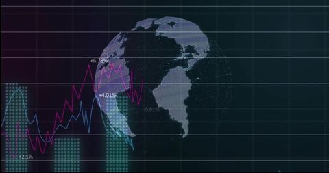 Global Analytics Dashboard with Dotted Globe, Neon Line Charts, Bars and Percent Metrics
