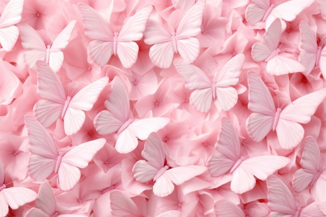 Full frame of pink butterflies and flowers, created using generative ai technology. Beauty in nature, delicacy and femininity wallpaper background concept digitally generated image.