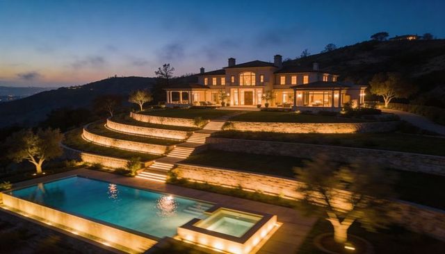 Hilltop luxury mansion illuminating terraced walls, infinity pool and raised spa at dusk
