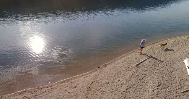 Serene Lakeside Shore with Child and Dog Enjoying Beach - Download Free Stock Images Pikwizard.com