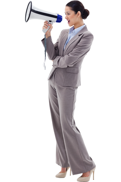 Transparent businesswoman shouting with megaphone in grey suit - Download Free Stock Videos Pikwizard.com