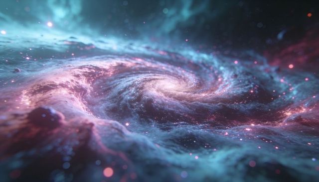 Luminescent spiral galaxy swirling in colorful nebula with glowing core and stardust