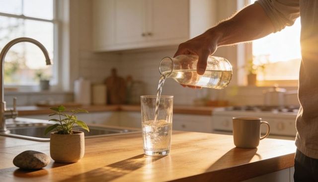Pouring water from glass carafe into tall glass on sunlit wood countertop at golden hour