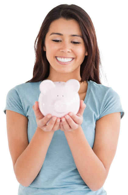 Enthusiastic young woman holding a translucent piggy bank - Download Free Stock Videos Pikwizard.com