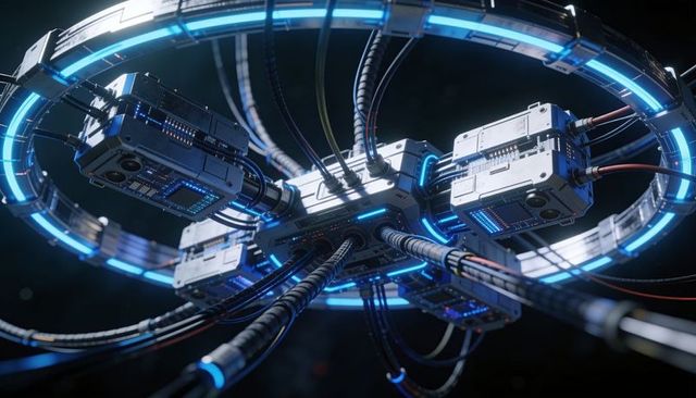 Glowing orbital power hub emitting blue led ring and braided conduits, futuristic space systems