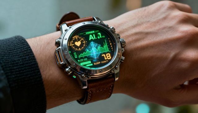 Rugged smartwatch with leather strap displaying biometric ai hud on wrist