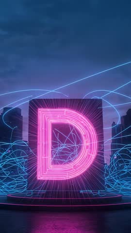 Vertical neon letter D pulsing on futuristic plaza platform with weaving blue light arcs