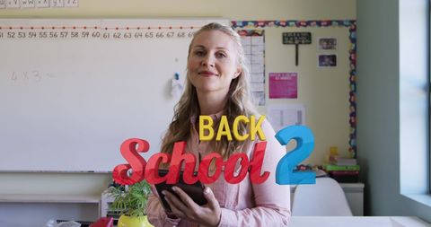 Back to School Theme with Smiling Female Teacher Holding Tablet
