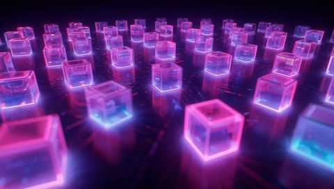 Futuristic Neon Glass Cubes Grid Emitting Pink Cyan Light on Reflective Circuitry Surface