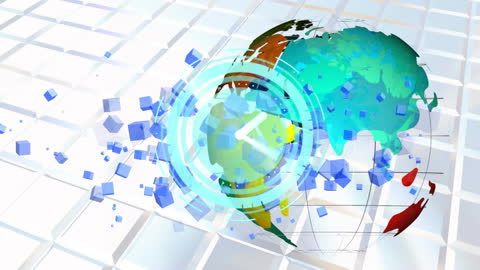 Abstract Animation of Neon Clock and Spinning Globe