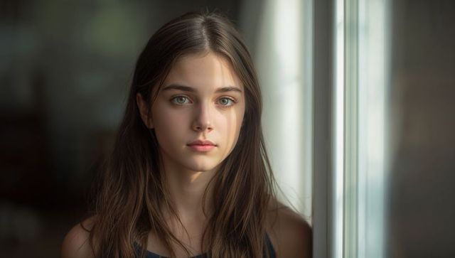 Teenage girl gazing through window with soft natural light, close-up contemplative portrait