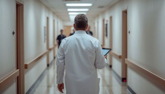 Senior physician walking down hospital corridor holding tablet for clinical workflow