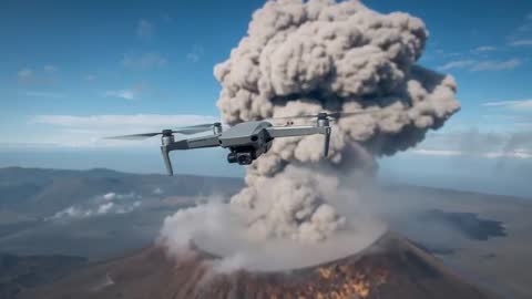 Drone recording erupting volcano with towering ash plume and mushroom cloud