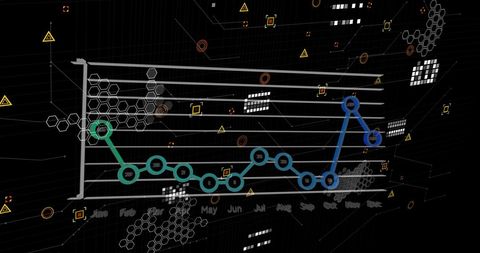 Colorful financial graph and icons on futuristic black background