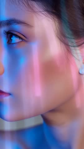 Model lifting head and opening eye under cyan-magenta scanning bars, futuristic vertical video