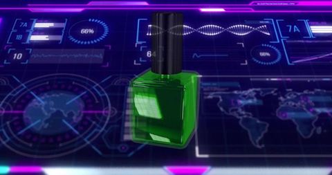 Futuristic floating green vial with black cap over holographic DNA helix and world HUD