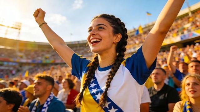 Young female football fan cheering in sunlit stadium wearing blue and yellow bosnia jersey