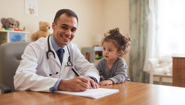 Smiling pediatrician writing notes while toddler watches in sunlit clinic room