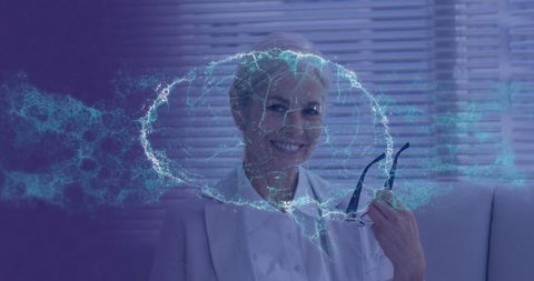 Psychologist Holding Glasses with Digital Brain Overlay