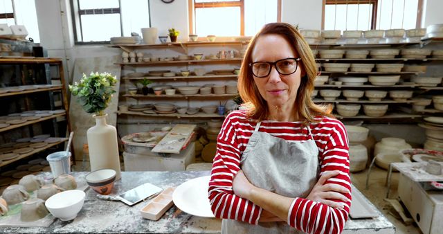 Confident Female Potter in Ceramic Studio Surrounded by Pottery Work - Download Free Stock Images Pikwizard.com