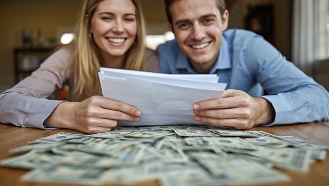 Happy couple celebrating financial success at home