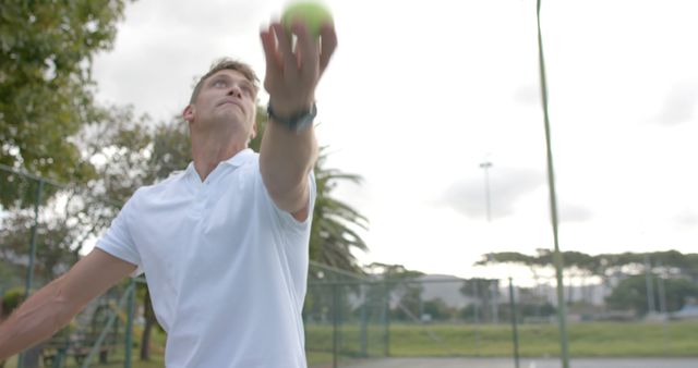 Young Man Serving Tennis Ball on Court Outdoors - Download Free Stock Images Pikwizard.com