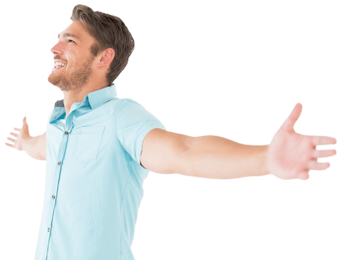 Happy Man in Light Blue Shirt with Outstretched Arms on Transparent Background - Download Free Stock Videos Pikwizard.com