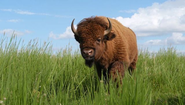 Young american bison standing in tall prairie grass under blue sky