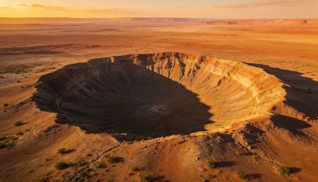 Aerial sunrise over desert impact crater with terraced rim casting dramatic shadow