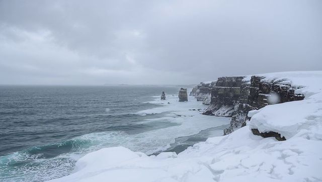 Snow-covered sea cliffs and sea stacks on windswept winter coast with overcast sky