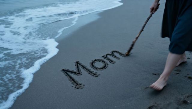 Barefoot woman writing mom in sand on shoreline at dusk with stick and footprints