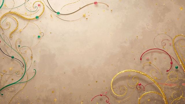 Antique Beige Parchment with Gold Filigree Scrolls and Green Red Ribbon Flourishes